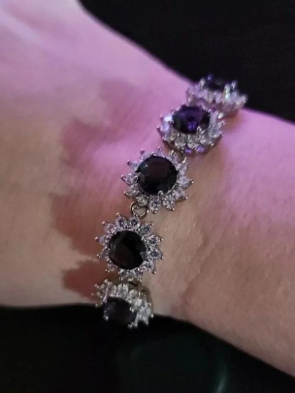 Silver Bracelet with Purple Gemstone Flower Accents